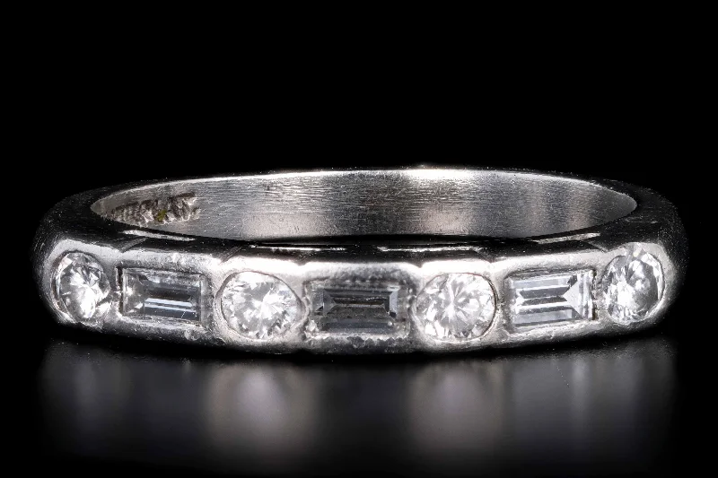 Vintage Platinum .50 Carat Round Brilliant and Baguette Cut Diamond Wedding Band Ring Size 6