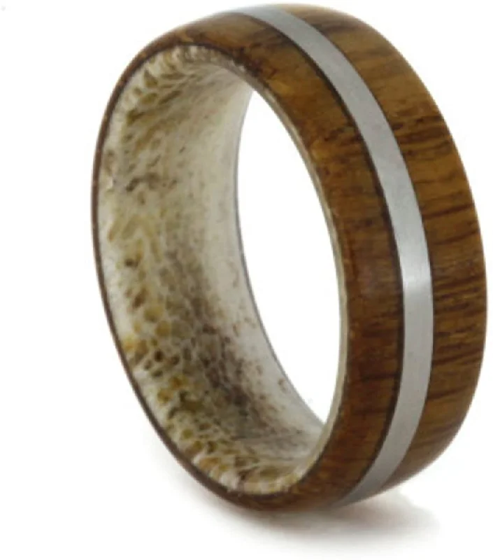 Wood, Deer Antler Sleeve 6.5mm Comfort-Fit Matte Titanium Band, Size 14.25