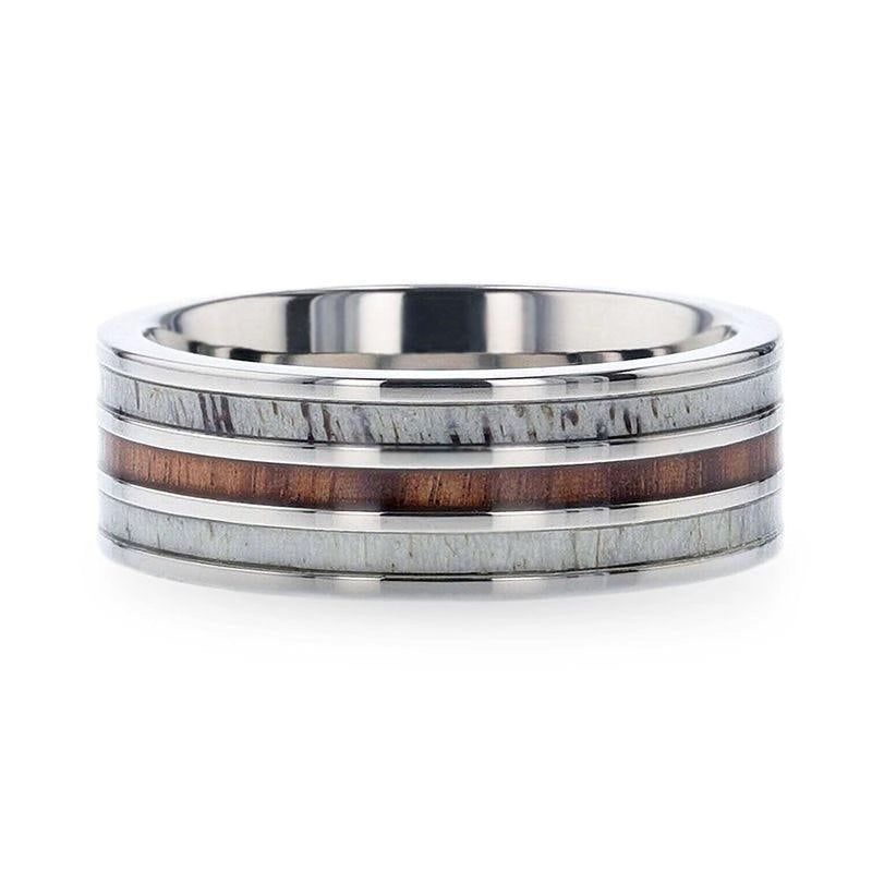 Wood Inlay Titanium Flat Polished Finish Ring with White Double Deer Antler Edges