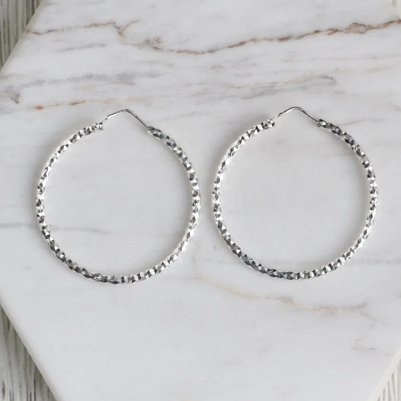 Large Sterling Silver Faceted Hoops