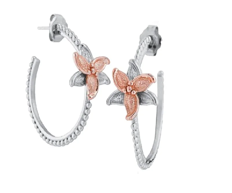 10k Rose Gold Flower Hoop Earrings, Rhodium Plated Sterling Silver