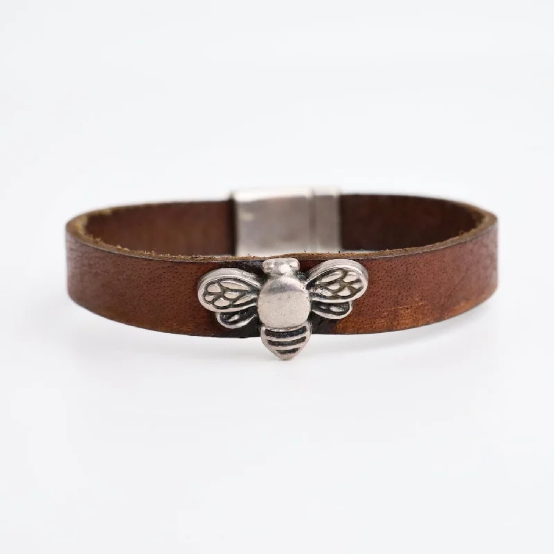 Silver Plated Bee on Leather Bracelet