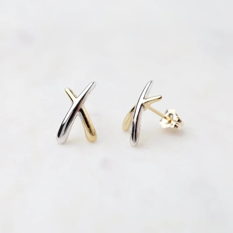 14K Gold Two Tone Small "X" Post Earring