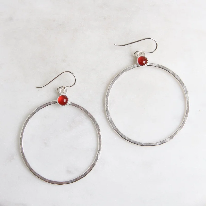 Large Sterling Silver Hoops with Carnelian Earring