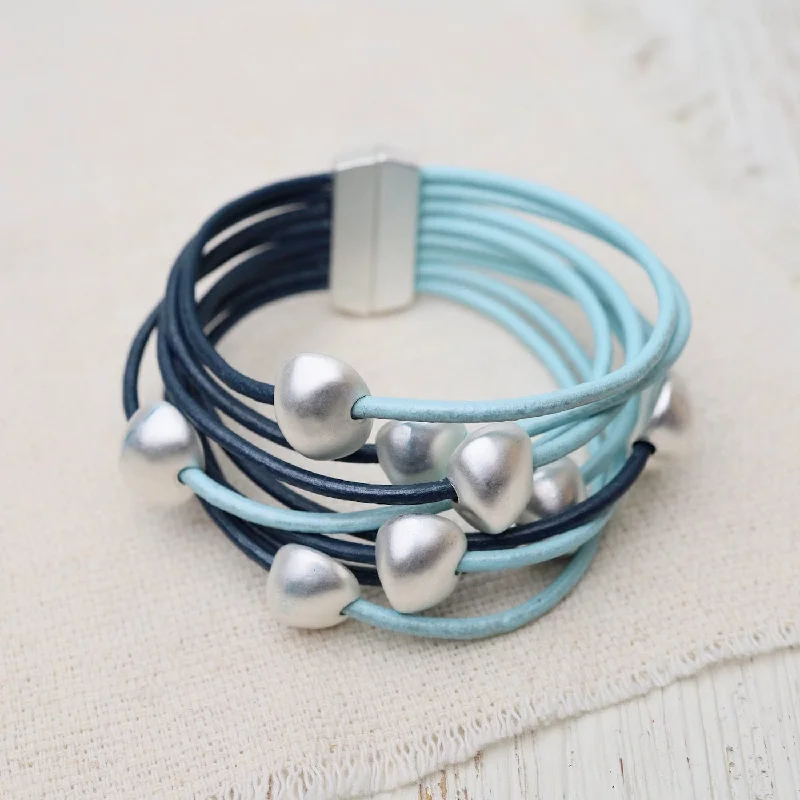 Matte Silver Beads on Light Blue & Navy Leather Bracelet