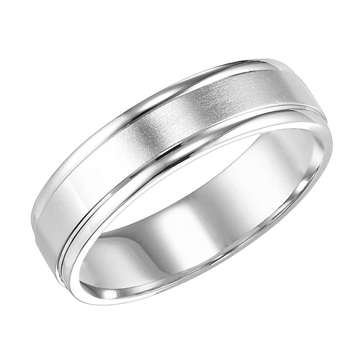 6mm 14K White Gold Wedding Band with Brushed Center and Polished Round Edges - Size 12