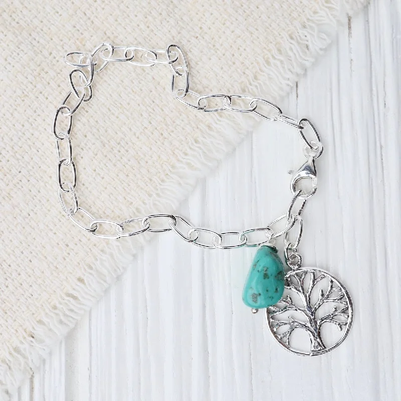 Silver Oval Link with Turquoise & Tree Of Life Charms Bracelet