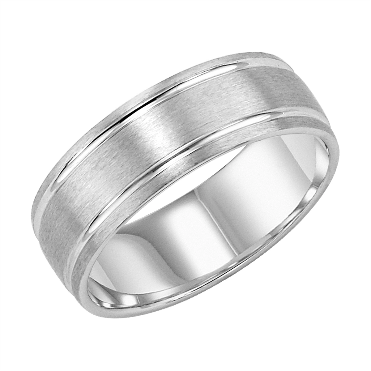 7mm 14K White Gold Domed Satin Finish Wedding Band with Channel Accents