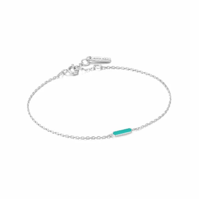 Teal Enamel Bar Silver Bracelet