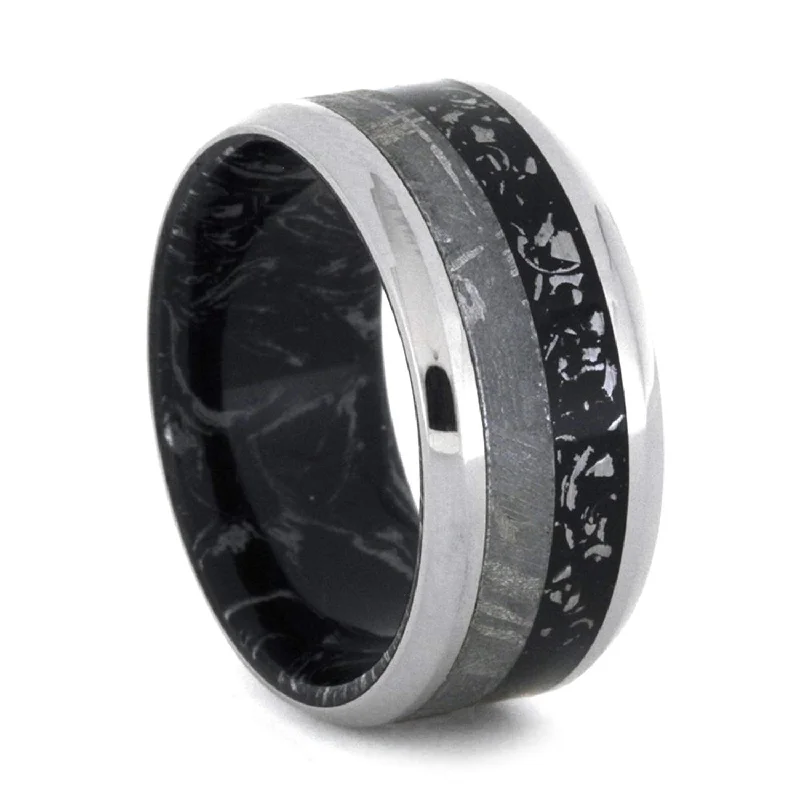 Black Stardust, Gibeon Meteorite, Black and Silver Mokume Gane 10mm Comfort-Fit Titanium Wedding Band, 9.5