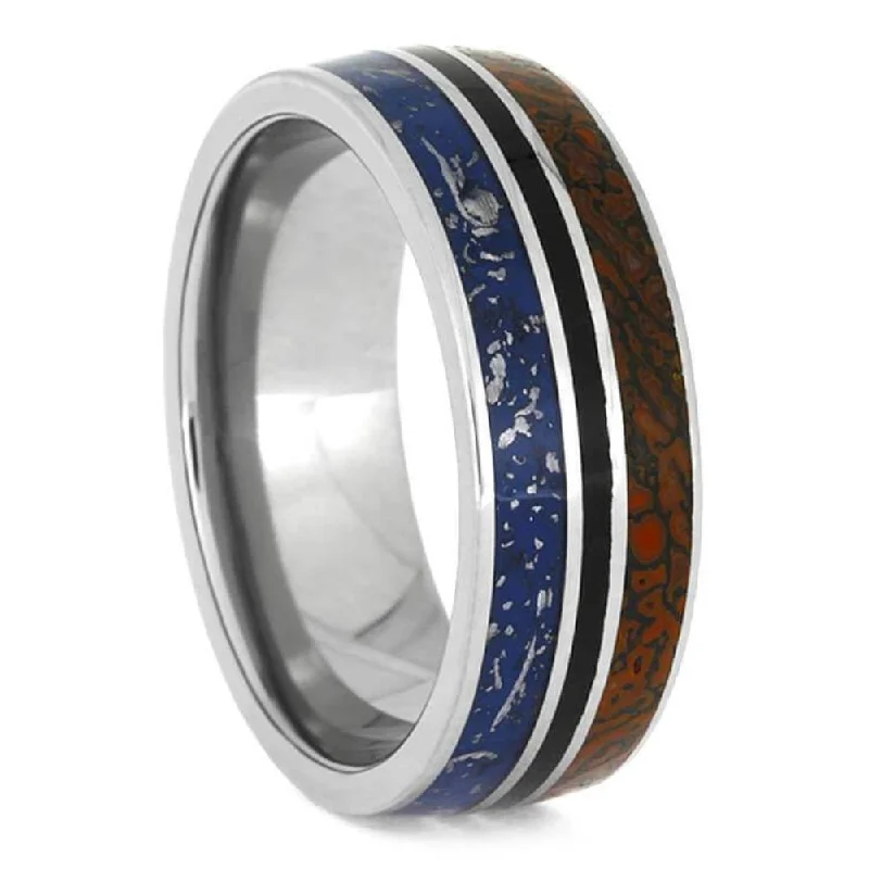 Blue Stardust, Fossil Meteorite, Dinosaur Bone, Black Stripe 8mm Titanium Comfort-Fit Wedding Band