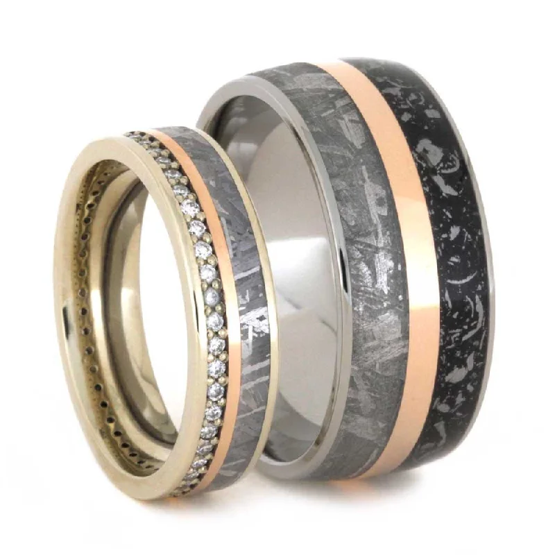 Diamond Eternity, Gibeon Meteorite, 14k Rose and White Gold Ring, Men's Gibeon Meteorite, 14k Rose Gold Stripe, Black Stardust, Titanium Band; His and Hers Wedding Set, M11-F8.5