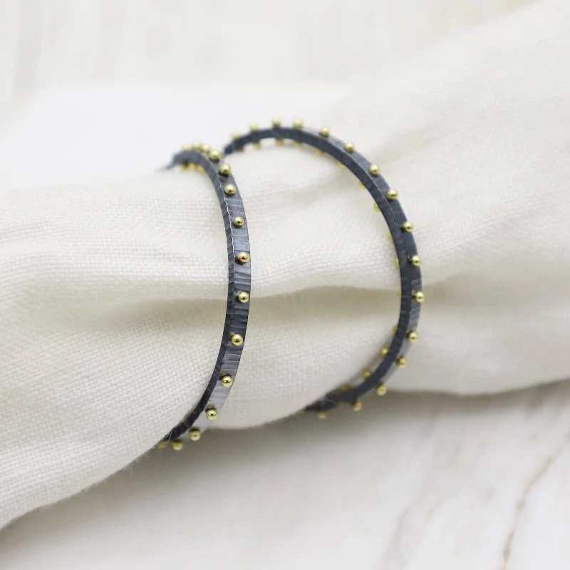 Medium Textured Dot Hoops in Oxidized Silver with 18k Gold