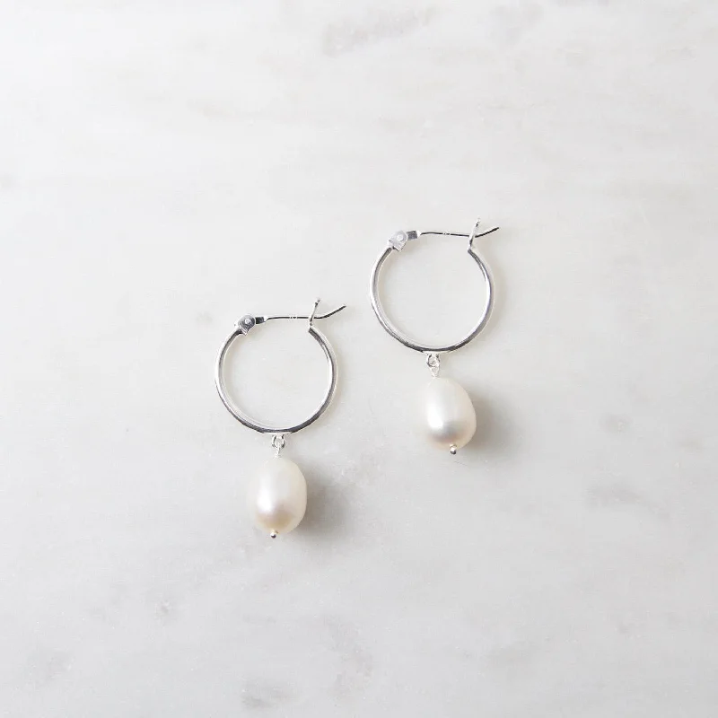 Sterling Silver Hoop with Hanging Pearl Earrings