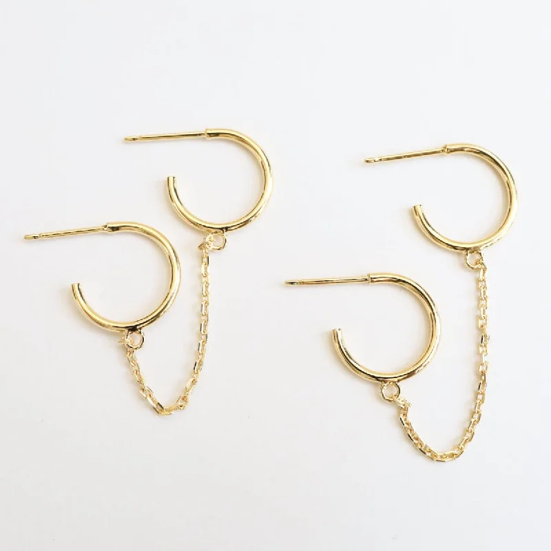 Double Pierce Hoops with Chain - Gold Vermeil