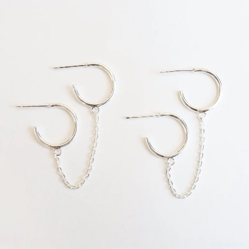 Double Pierce Hoops with Chain - Sterling Silver