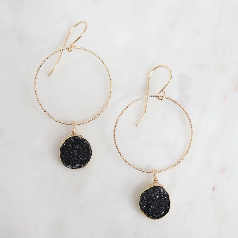 Gold Filled Hoop with Black Druzy Drop Earring