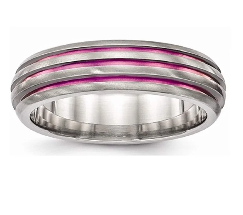 Edward Mirell Titanium Triple Groove Pink Anodized 6mm Wedding Band