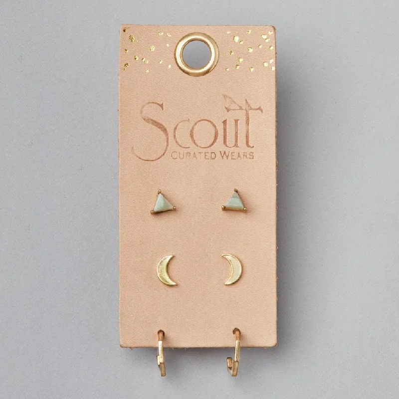 Gold Ella Stud Trio - Labradorite Triangle, Moon, Hexagon Hoop