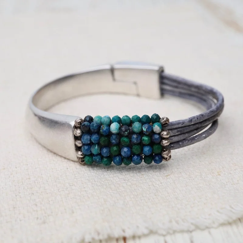 Hand Stitched Chrysocolla with Hill Tribe Silver Trim Leather Bracelet