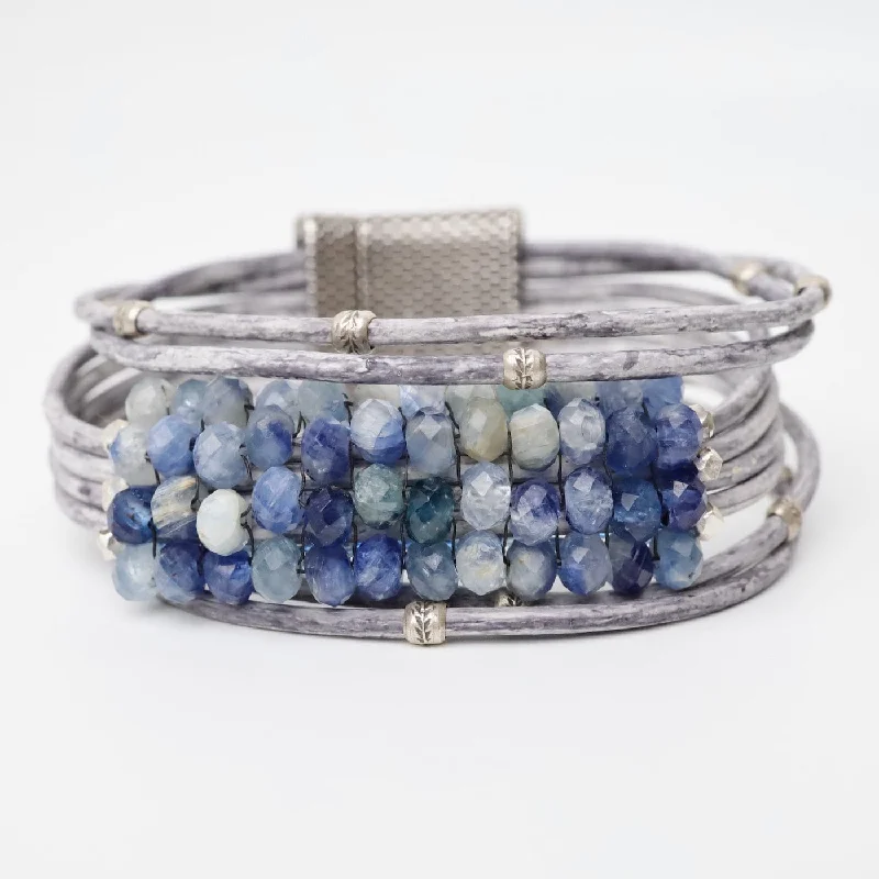 Hand Stitched Kyanite Large Silver Trim Bracelet