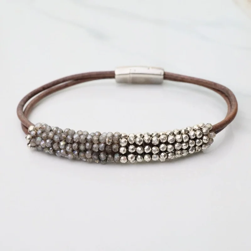 Hand Stitched Coated Silver Pyrite & Natural Labradorite Color Clock Leather Bracelet