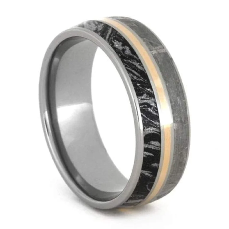 Gibeon Meteorite, Black and White Mokume Gane, 14k Rose Gold 8mm Titanium Comfort-Fit Ring