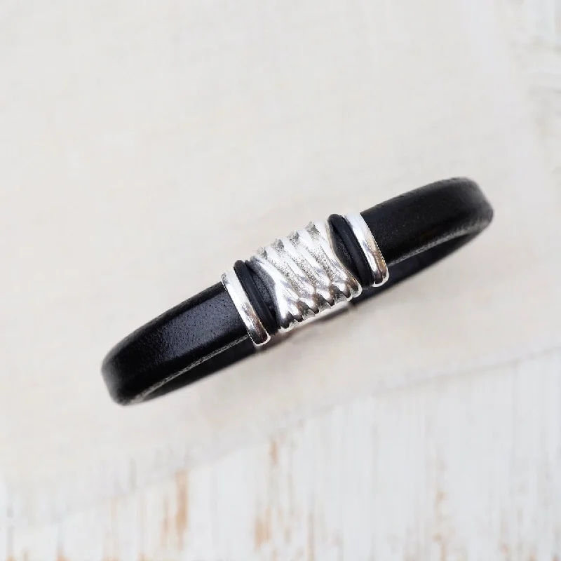 Silver Energy Black Leather Bracelet