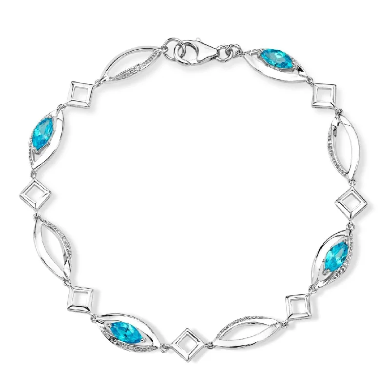 Marquise Blue CZ Rhodium Plate Sterling Silver Bracelet, 7.75 "