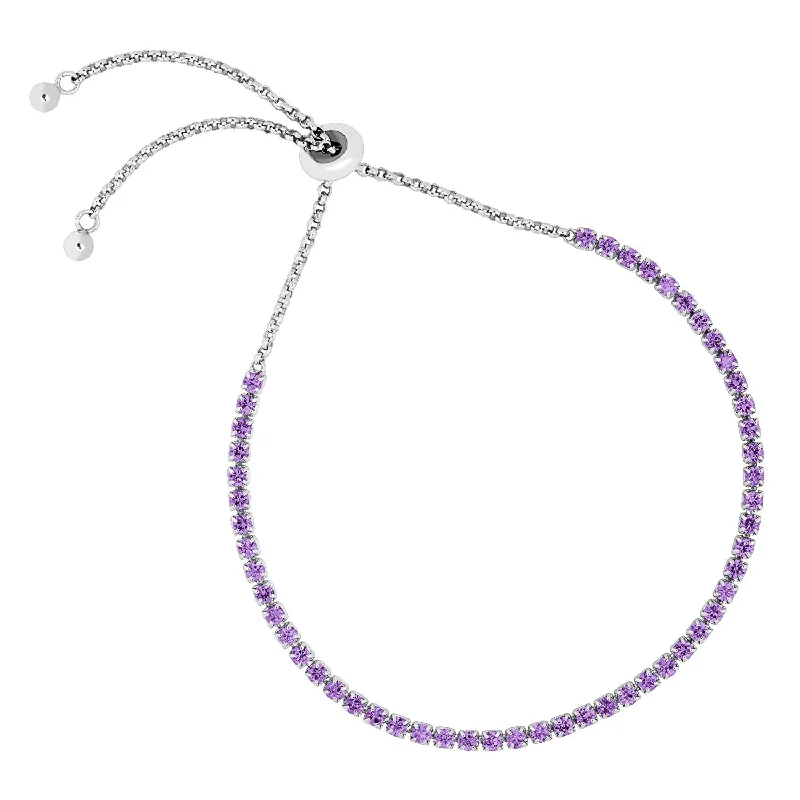 Petite Amethyst CZ Adjustable Rhodium Plated Sterling Silver Bracelet