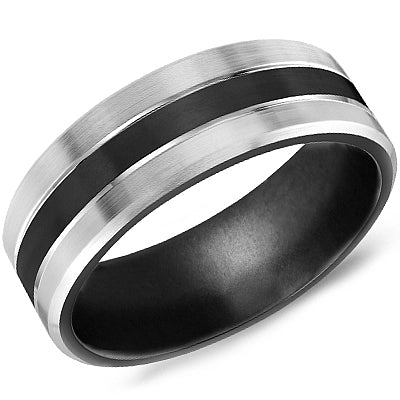 Titanium White and Black 8MM Mens Wedding Band Ring