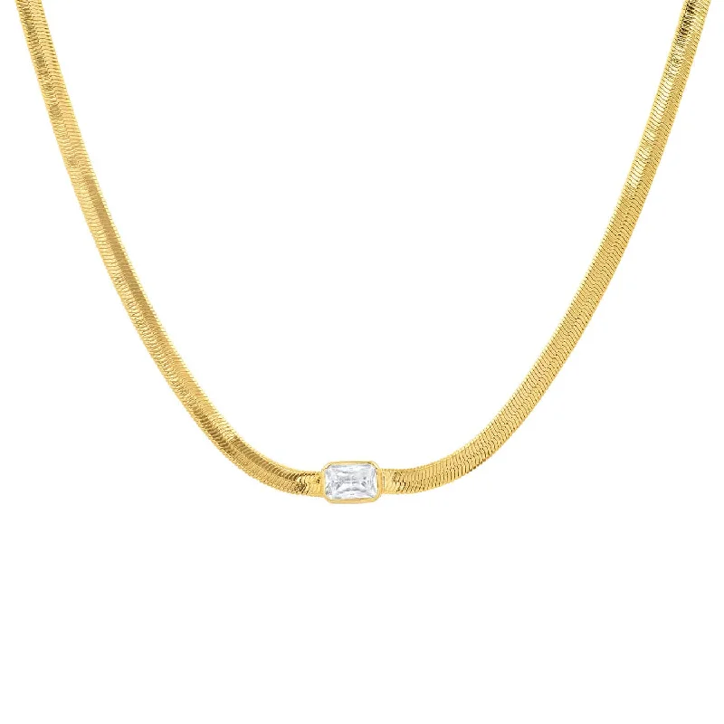 Gold Plated Herringbone Chain Necklace with Clear Stone